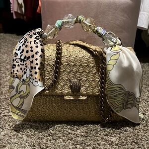 Kurt Geiger Gold and White Shoulder Bag with Twisted Silk Scarf Handle